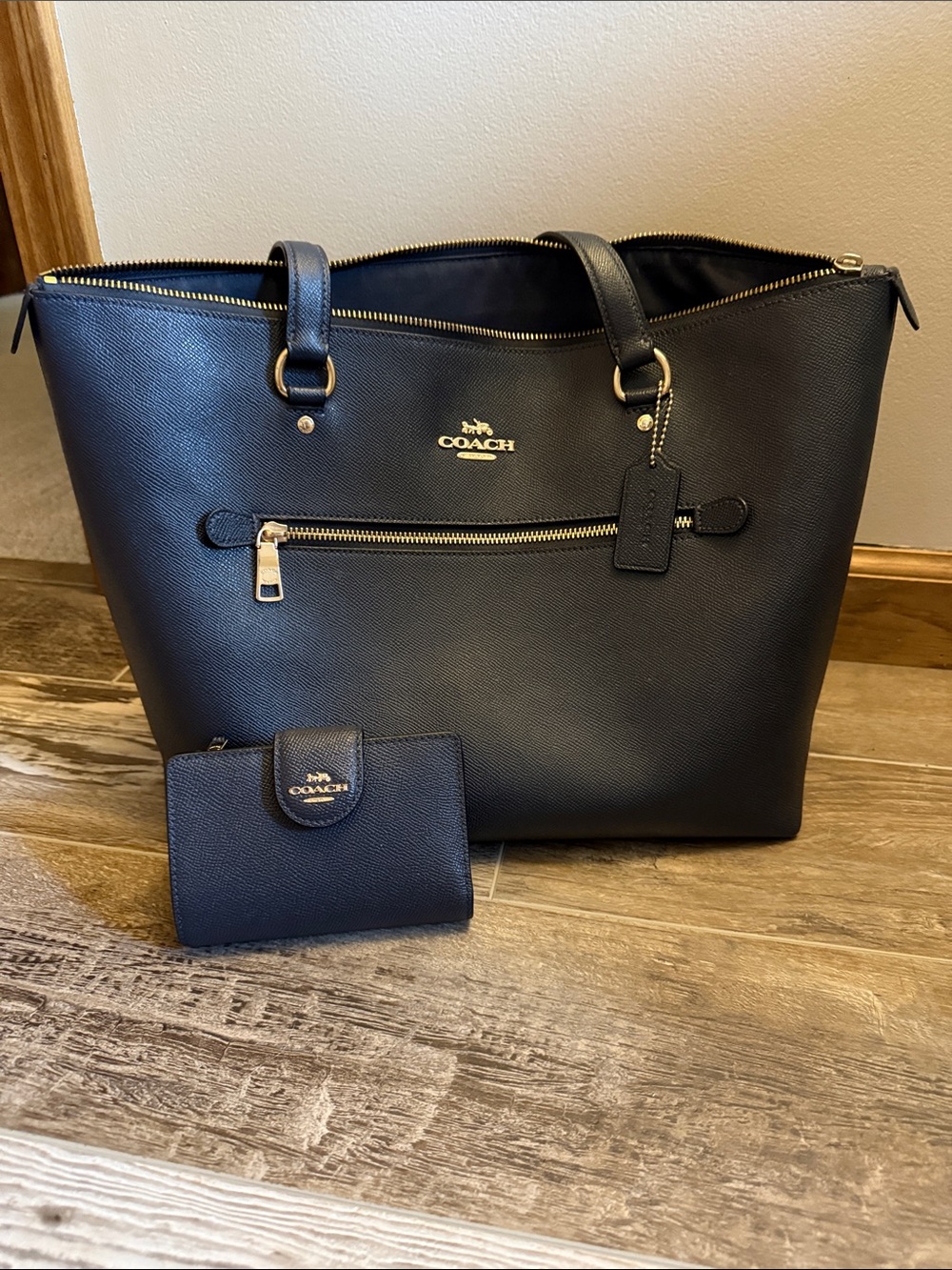Coach Navy Blue Leather Tote Bag with Matching Wallet